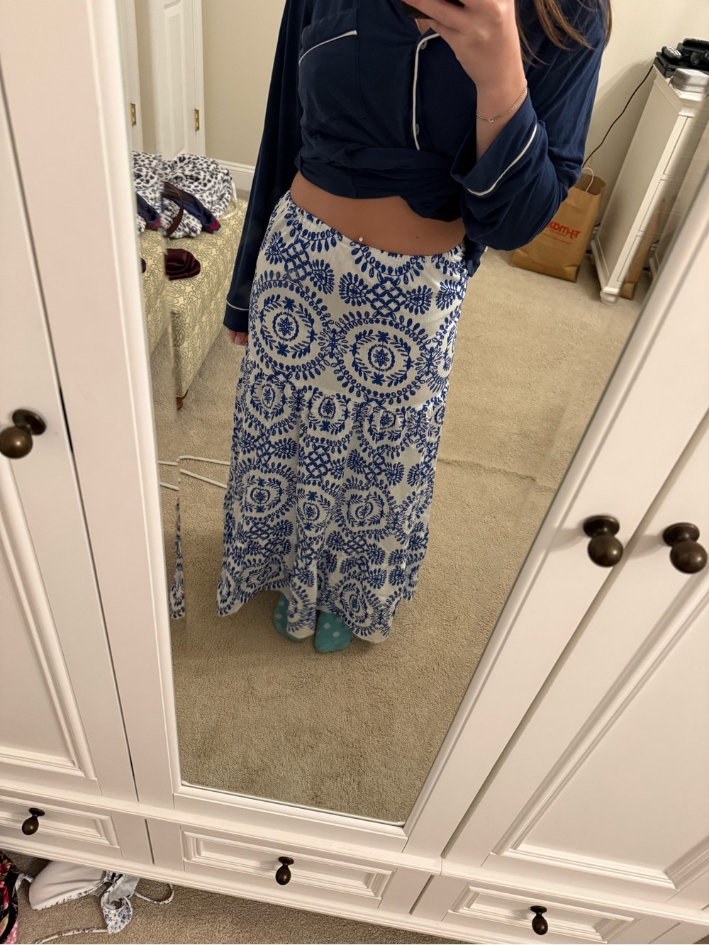 Blue and White Printed Maxi Skirt